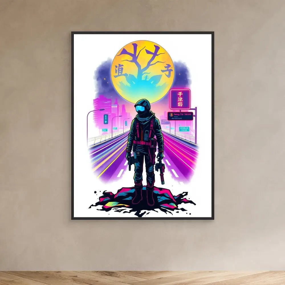 Astronaut silhouette standing in a neon-colored cyberpunk style artwork.