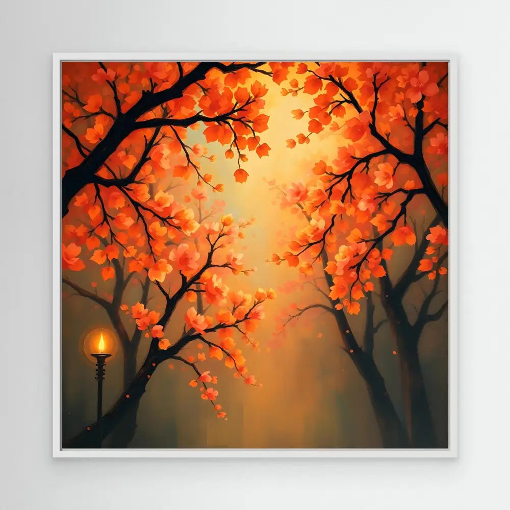 Autumn trees with orange leaves frame a glowing lamppost.