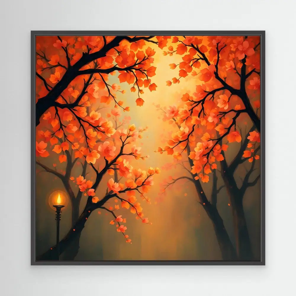 Autumn trees with vibrant orange leaves frame a glowing lamppost.