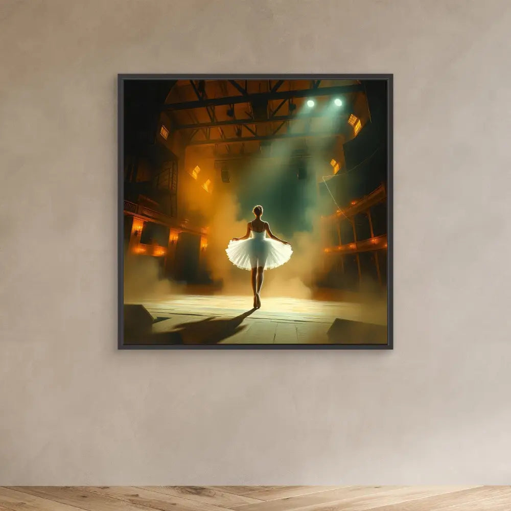 A ballet dancer in a white tutu performing under dramatic stage lighting.