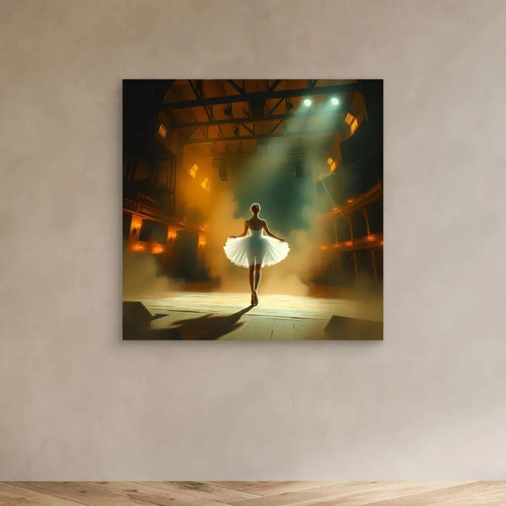 A ballet dancer in a white tutu performing under dramatic stage lighting.