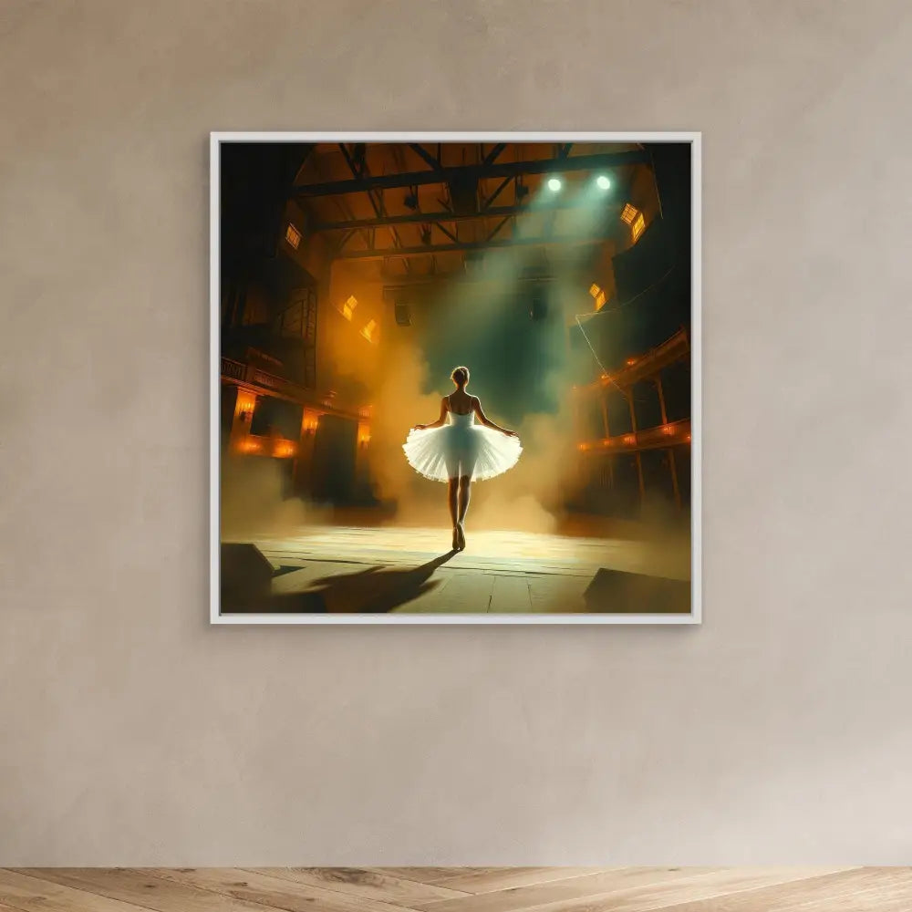 Ballet dancer in a white tutu performing under dramatic stage lighting.