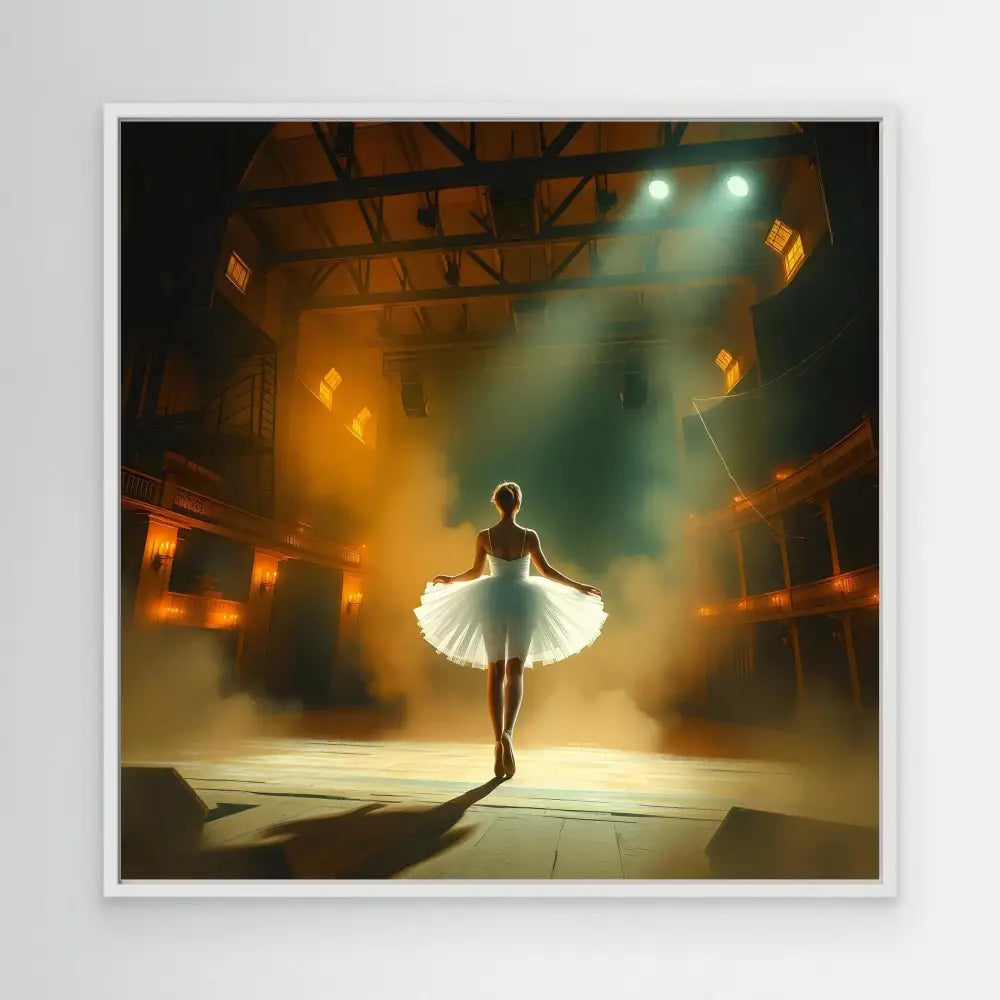 A ballet dancer in a white tutu stands en pointe in dramatic lighting.