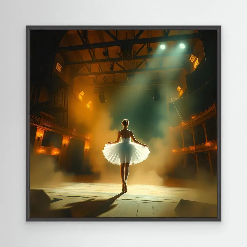 A ballet dancer in a white tutu stands en pointe in a dramatic spotlight.