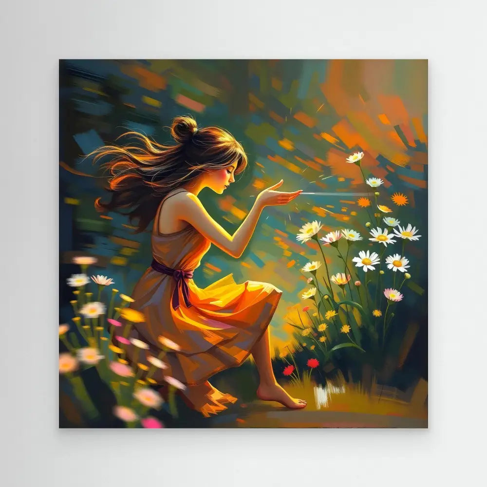 A barefoot figure in a flowing orange dress gently blows white daisies in the wind.