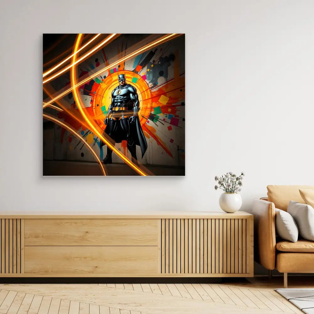 Batman artwork with a vibrant orange sunburst effect and dynamic light streaks.