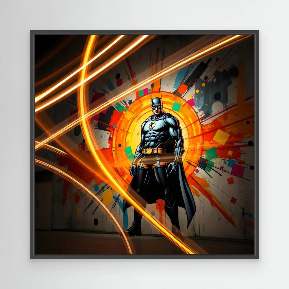 Batman stands heroically against a colorful burst pattern.