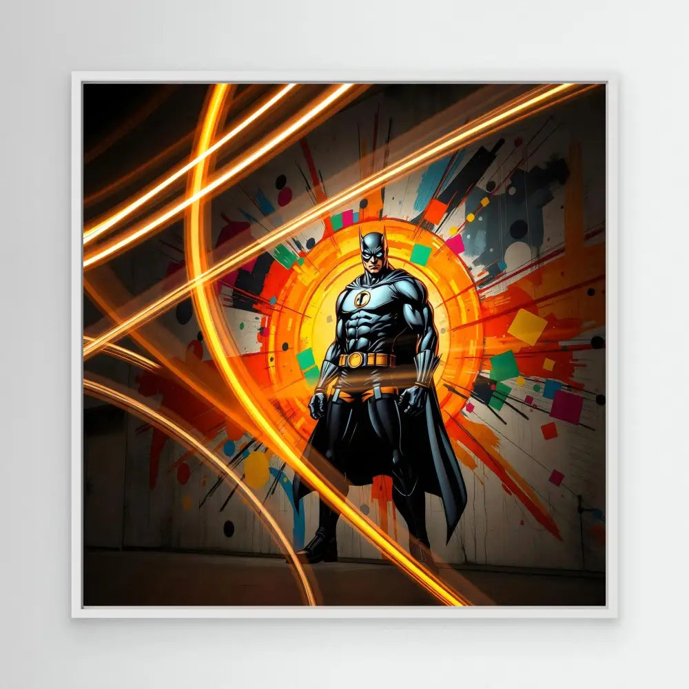 Batman stands heroically against a colorful circular burst pattern.