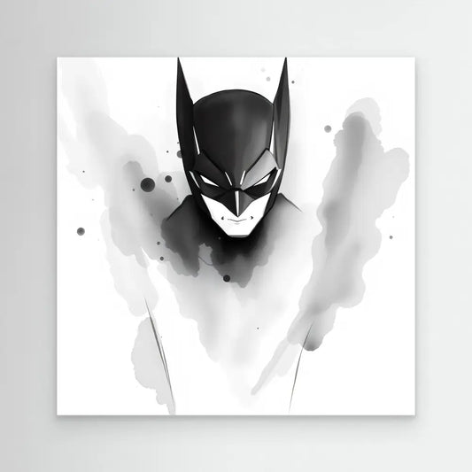 Batman’s masked face rendered in black and white watercolor style.