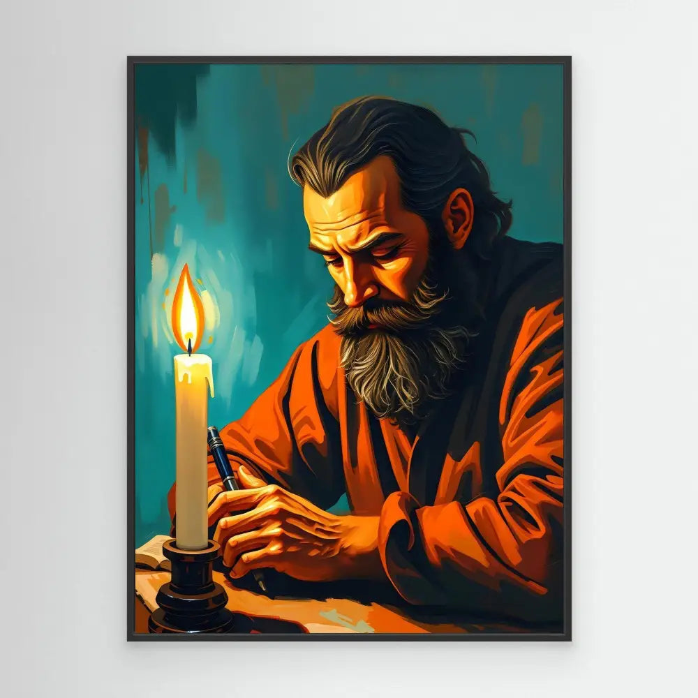 A bearded figure in an orange robe writing by candlelight.