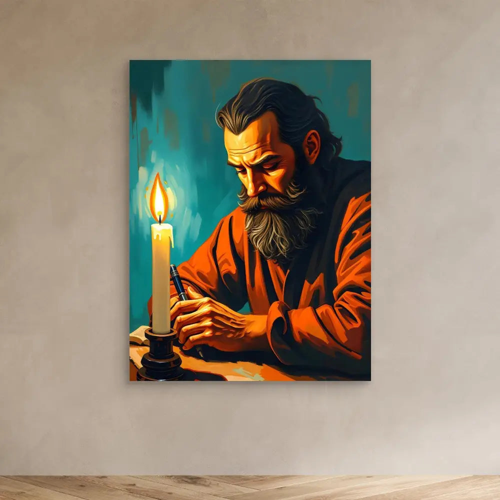 A bearded figure in an orange robe examines a lit candle.