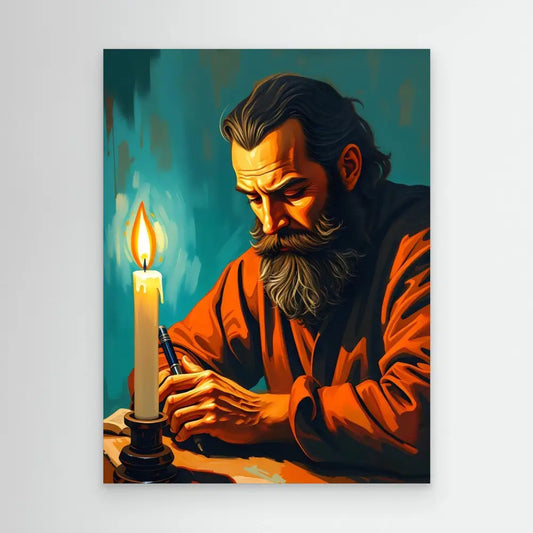 A bearded figure in orange robes writing by candlelight.