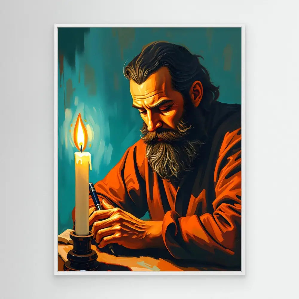 A bearded figure in orange robes writes by candlelight.