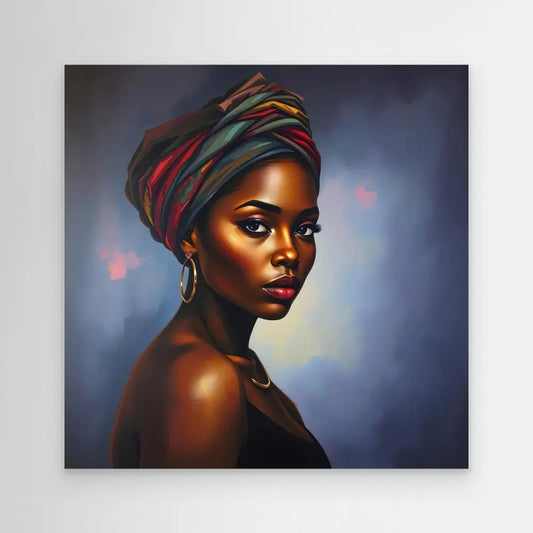 Beautiful portrait painting featuring a colorful wrapped headpiece and elegant silver hoop earring against dark fabric.