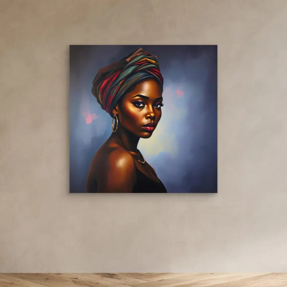 Beautiful portrait painting of a person wearing a colorful striped headwrap against a soft bokeh backdrop.