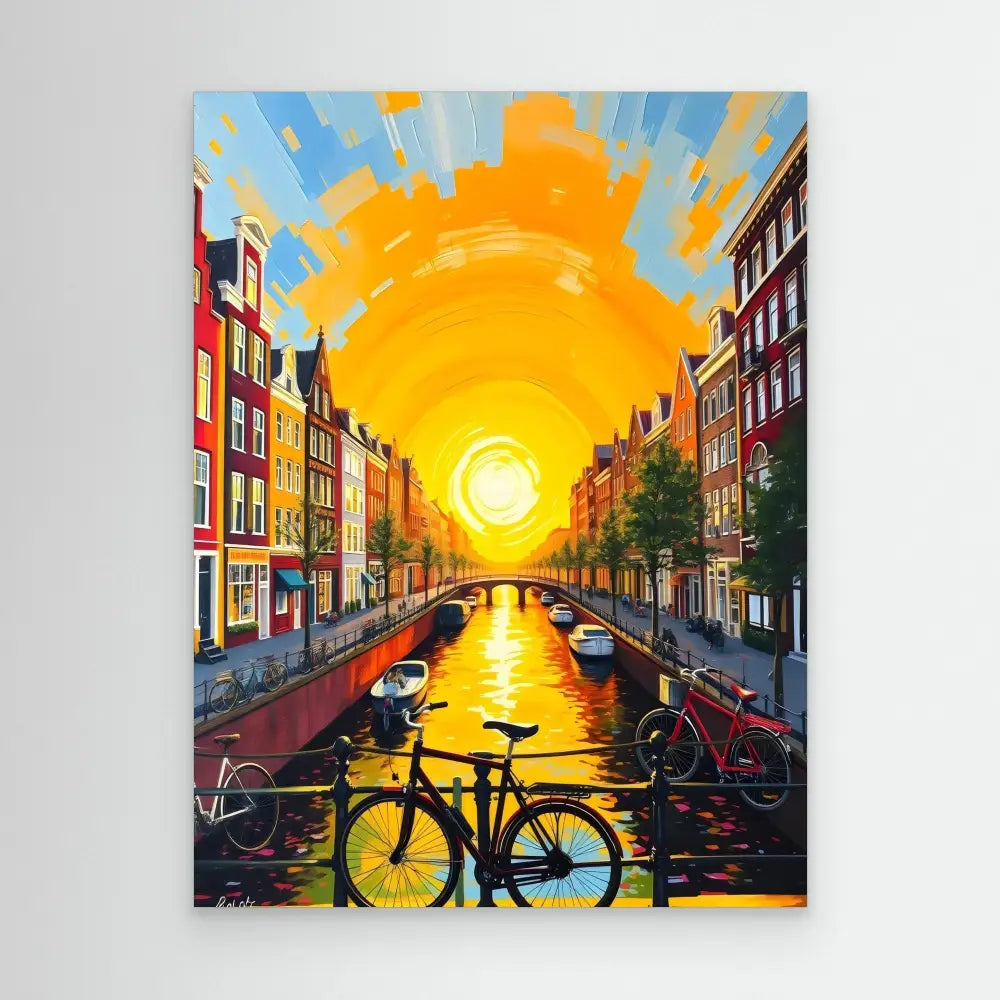 A bicycle silhouetted against a sunset over an Amsterdam canal.