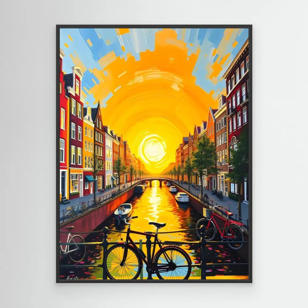 A bicycle silhouetted against a sunset over an Amsterdam canal.