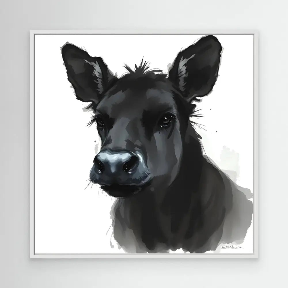 Black dog with pointed ears painted in a watercolor style.