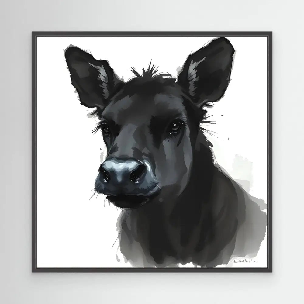 Black dog portrait painted in a minimalist watercolor style.