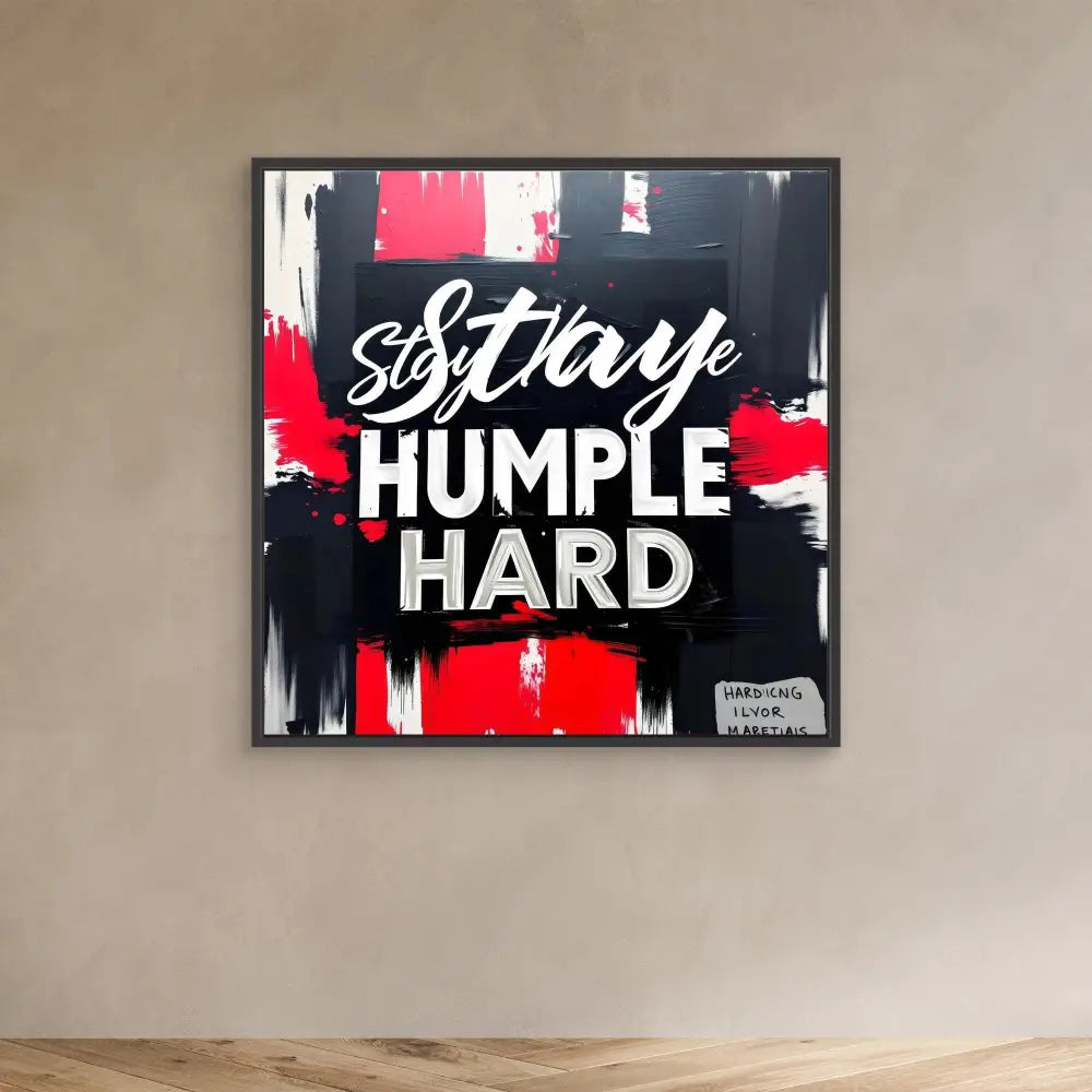 A black and red motivational wall art with the text ’Stay Humble Hard’ in stylized typography.