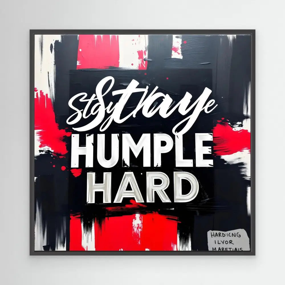 A black and red motivational wall art with white text reading ’Stay Humble Hard’