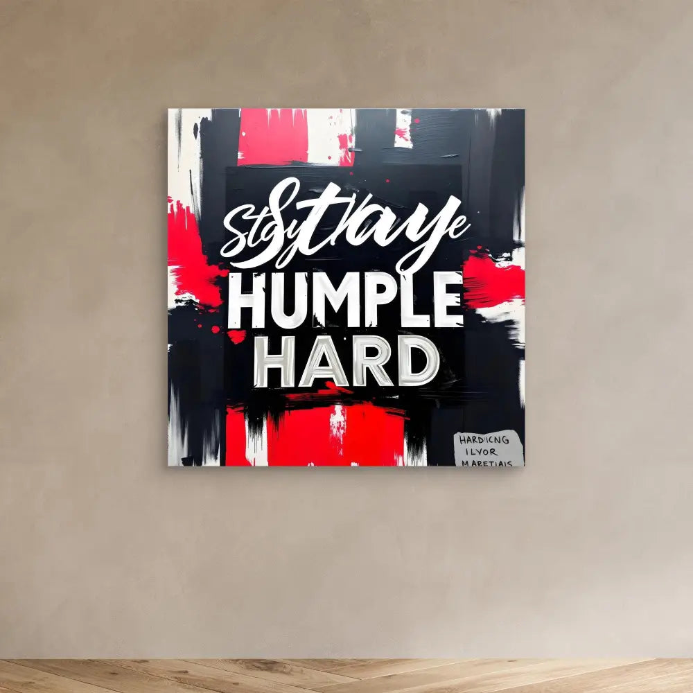 A black and red motivational wall art with the text ’Stay Humble Hard’ in stylized typography.