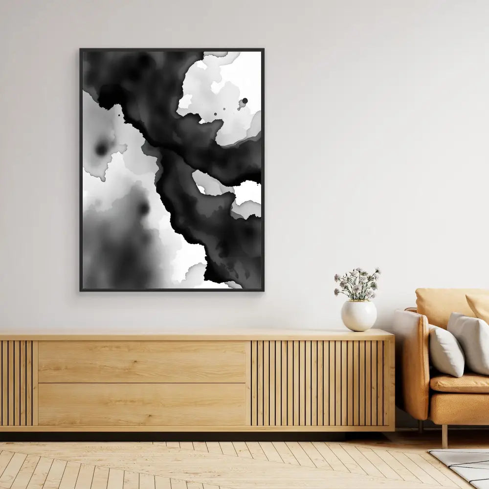 Black and white abstract art piece featuring flowing ink-like patterns framed in black.