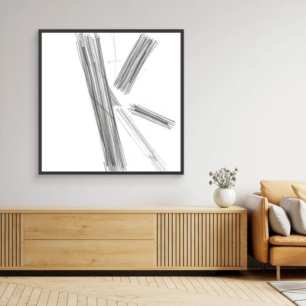 Black and white abstract artwork featuring bold diagonal brushstrokes in a square frame.