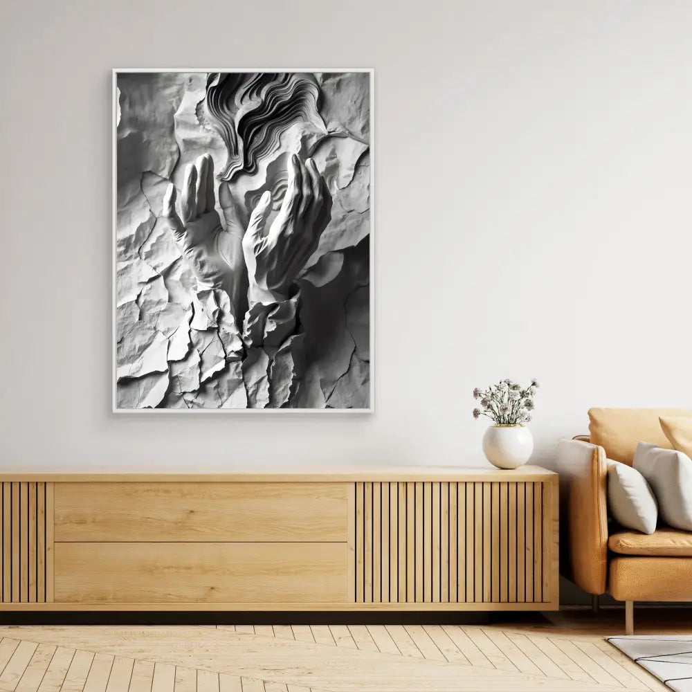 Black and white abstract artwork depicting crumpled or textured paper forms.