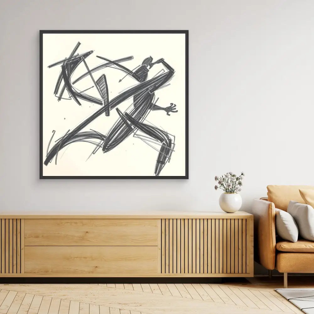 Black and white abstract artwork featuring dynamic brushstrokes in a running figure motion.