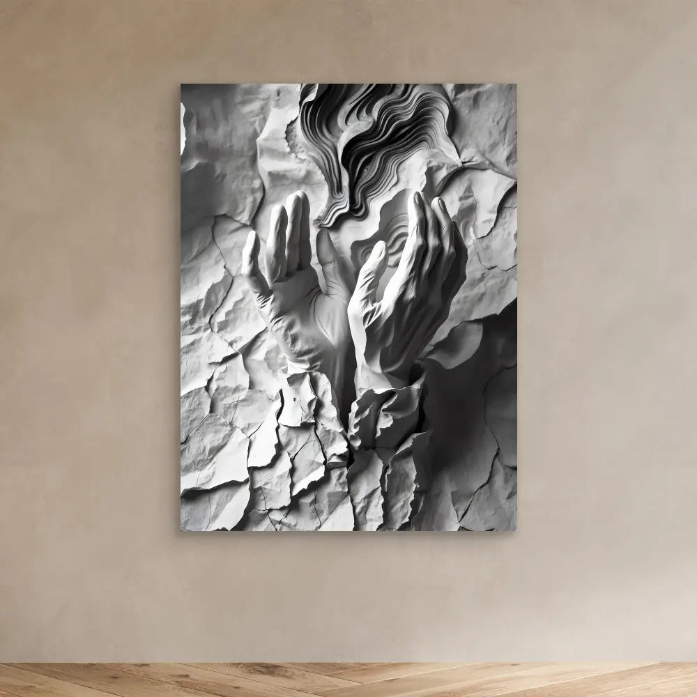 Black and white abstract artwork featuring flowing, textured paper forms with dramatic shadows and ripples.