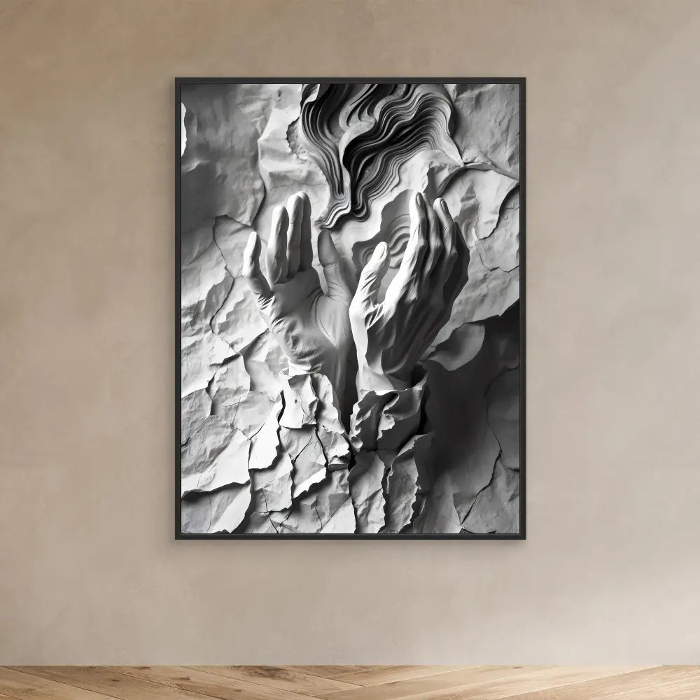 Black and white abstract artwork featuring textured paper with upward-reaching hands emerging from crumpled folds.