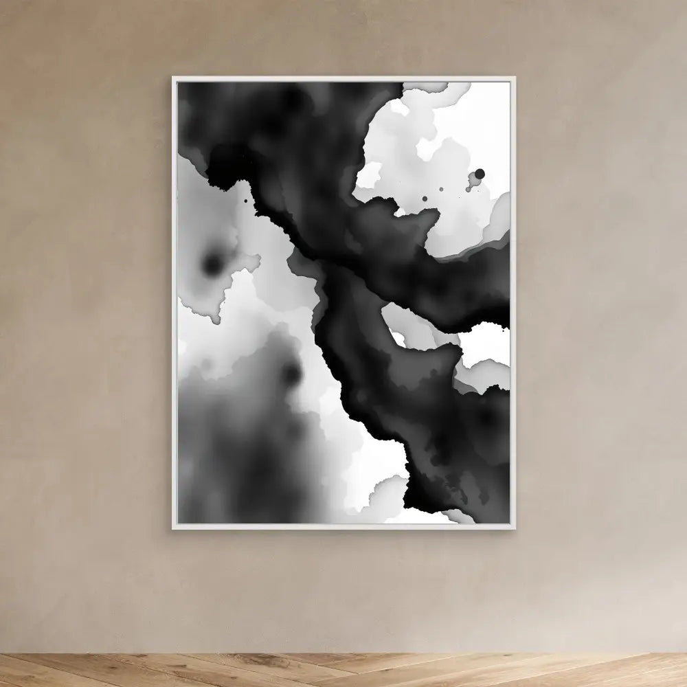 Black and white abstract watercolor artwork with flowing organic shapes.