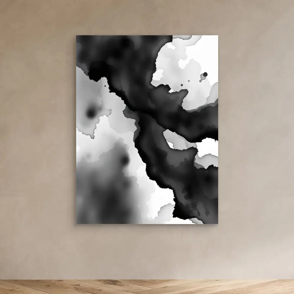 Black and white abstract watercolor painting with flowing cloud-like forms.