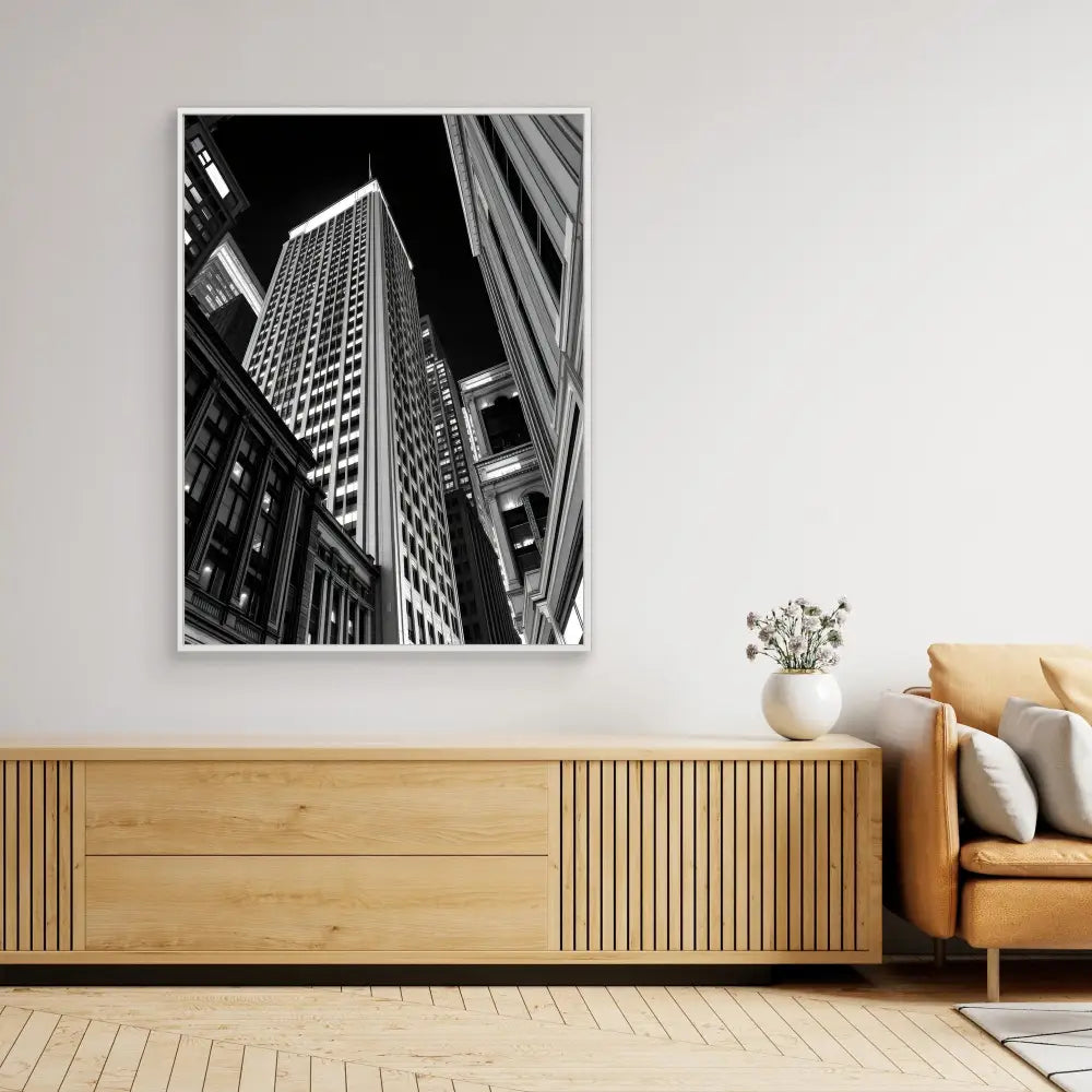 Black and white architectural photograph of a skyscraper mounted on a wall.