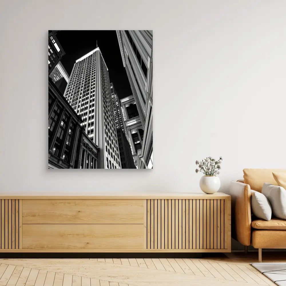 Black and white architectural photograph of an upward view of a skyscraper mounted on a wall.