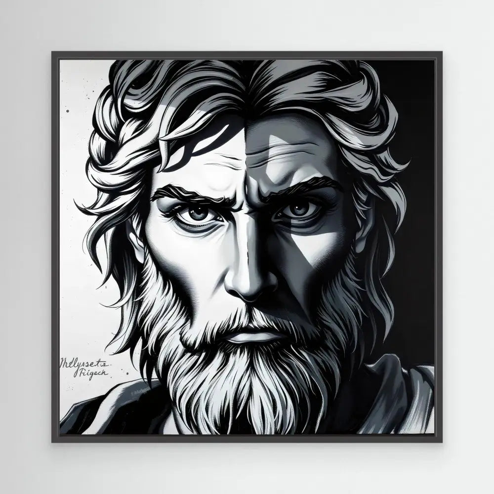 Black and white artistic portrait of a bearded figure with intense eyes and flowing hair.