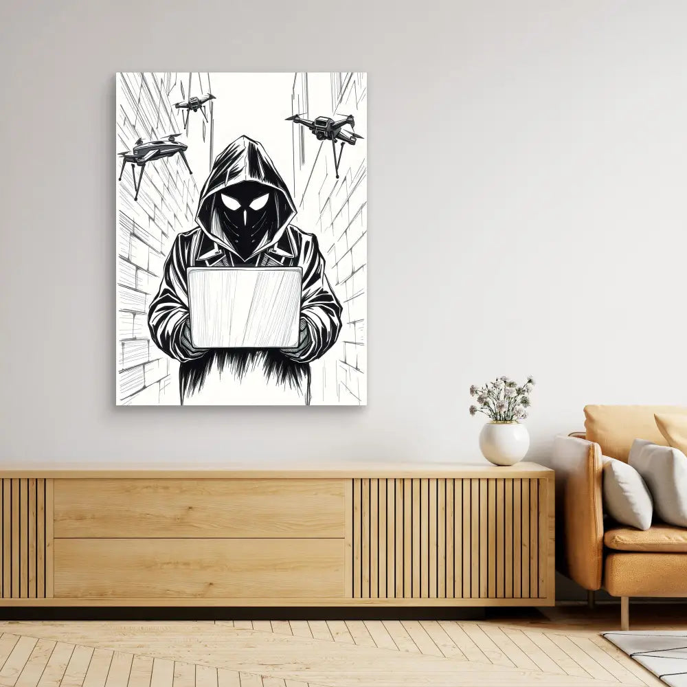 Black and white artwork of a hooded figure holding a blank sign with drones flying overhead.