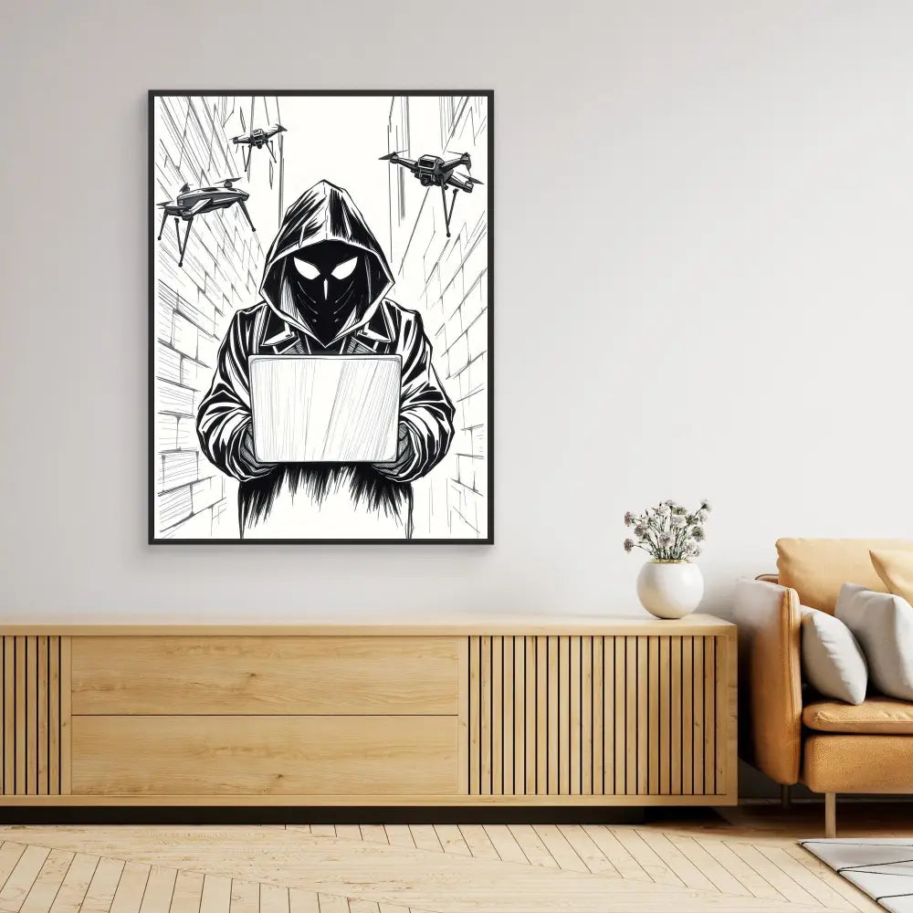 Black and white artwork depicting a hooded figure holding a blank sign with drones flying overhead.