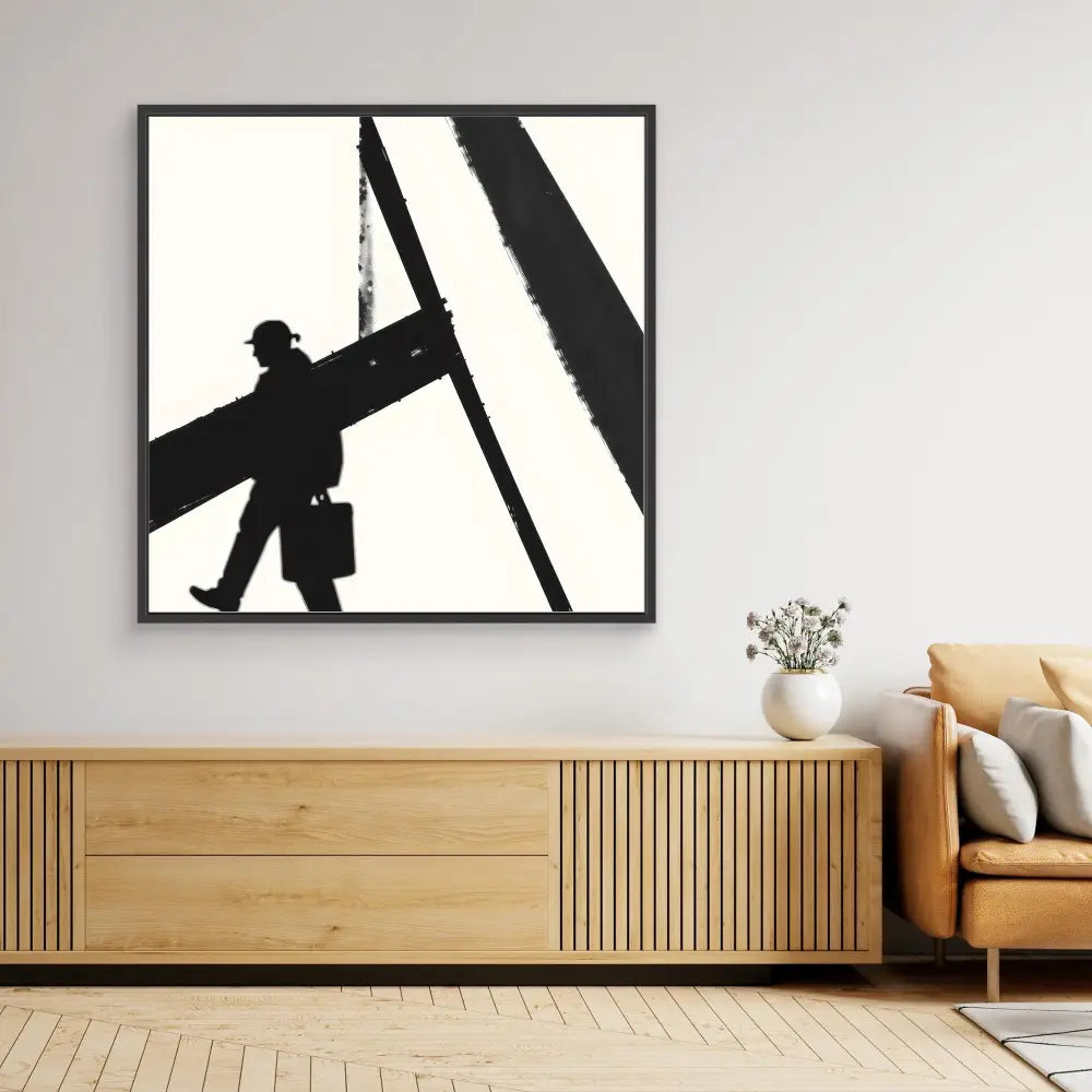 Black and white artwork showing a silhouetted construction worker walking on a steel beam.