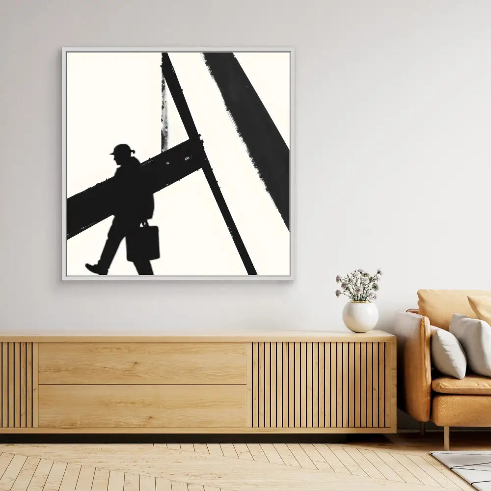 Black and white artwork showing a silhouetted figure walking on steel beams.