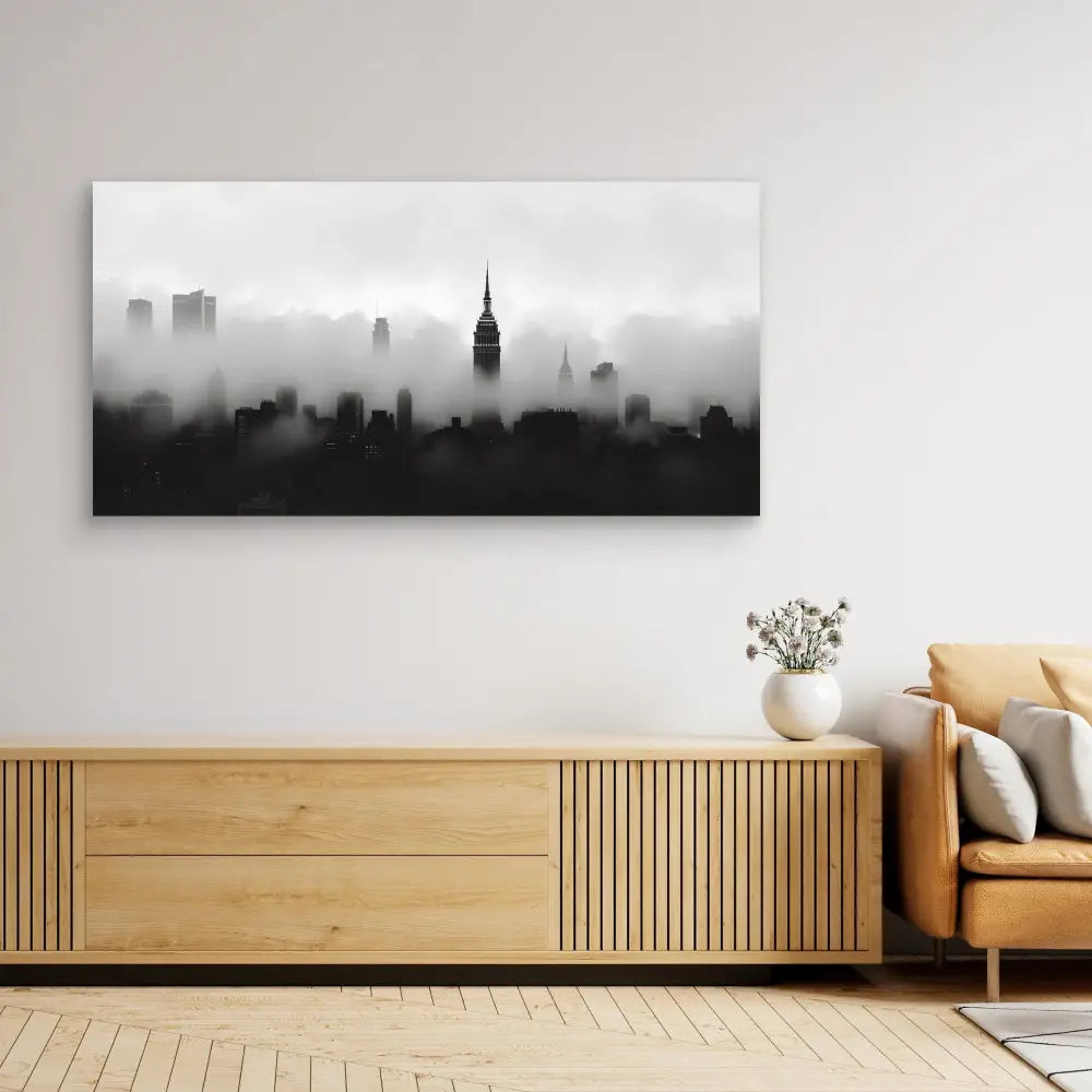 Black and white canvas art showing a foggy New York City skyline with the Empire State Building silhouette.