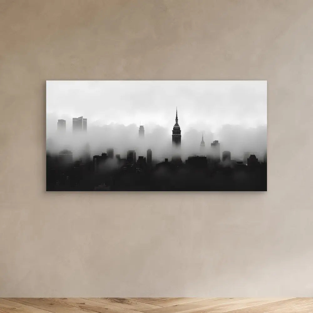 Black and white cityscape of New York’s skyline shrouded in fog.