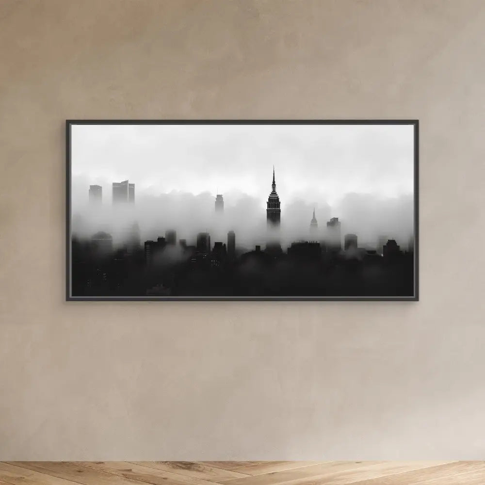 Black and white framed photograph of a foggy New York City skyline featuring the Empire State Building.