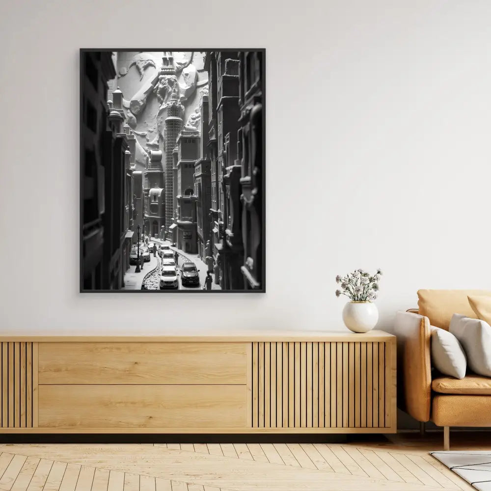 Black and white framed photograph of a narrow European city street mounted above a wooden credenza.