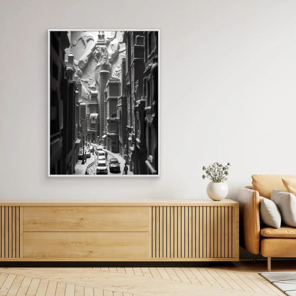 Black and white framed photograph of a narrow urban street with tall buildings.