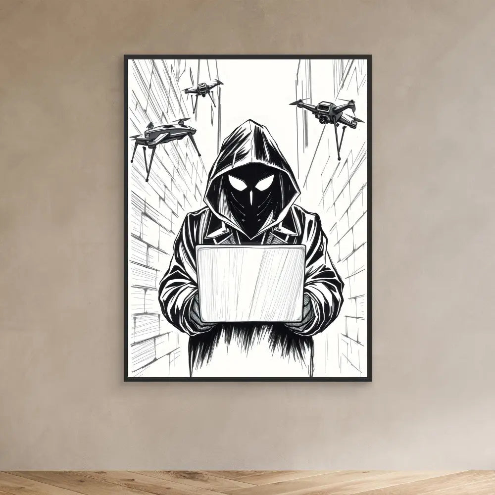 Black and white illustration of a hooded figure holding a laptop, with drones hovering around them.