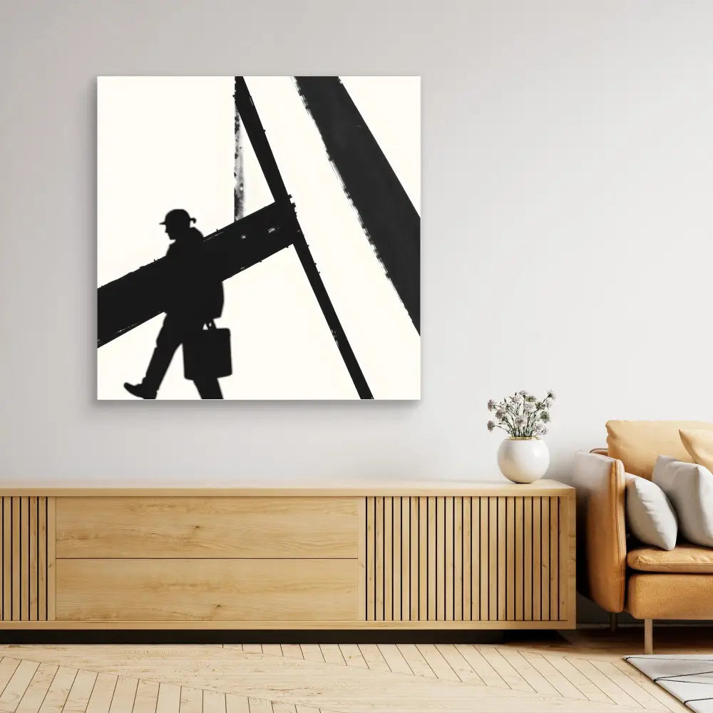 Black and white minimalist artwork showing a silhouetted construction worker on steel beams.