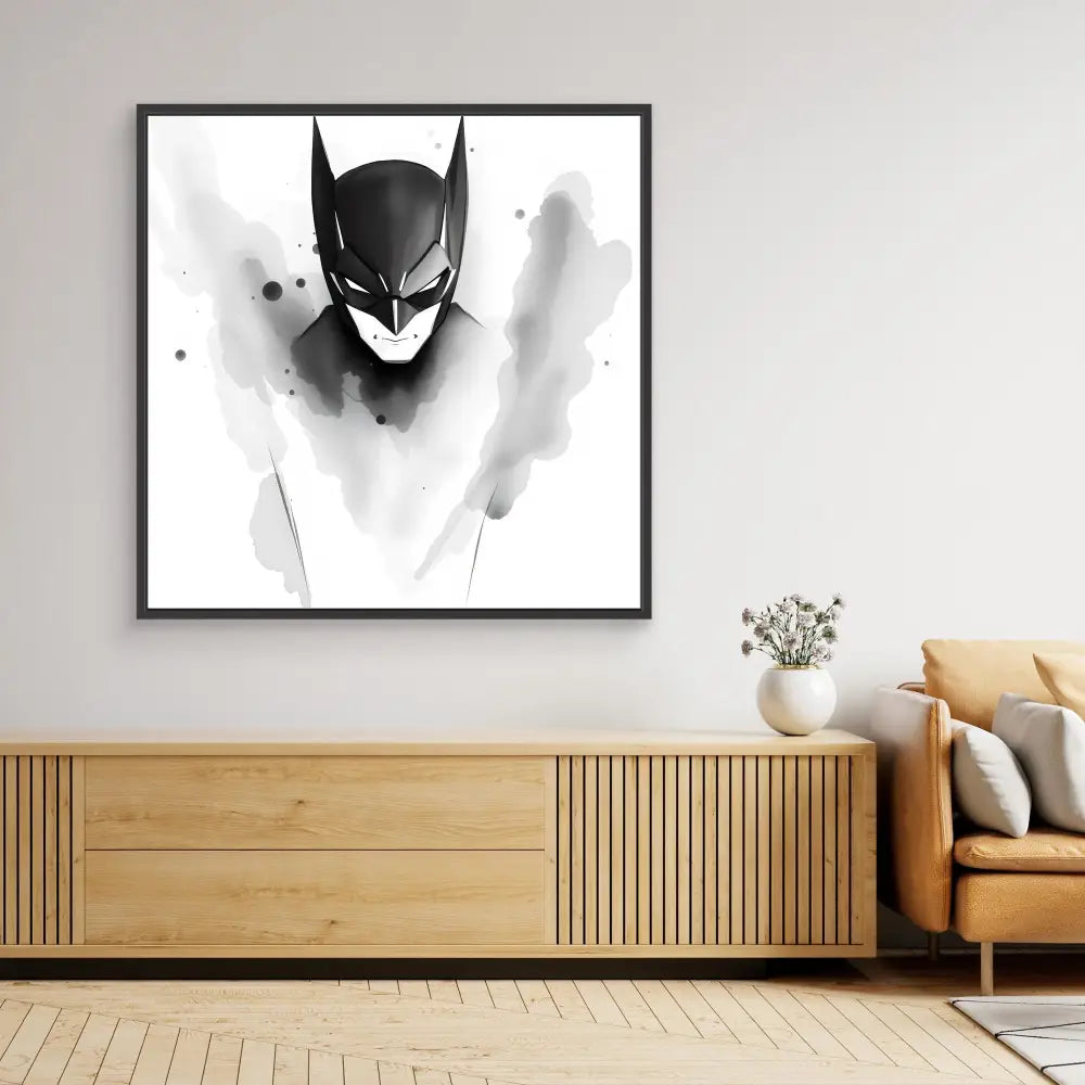 Black and white minimalist Batman artwork in a square frame.