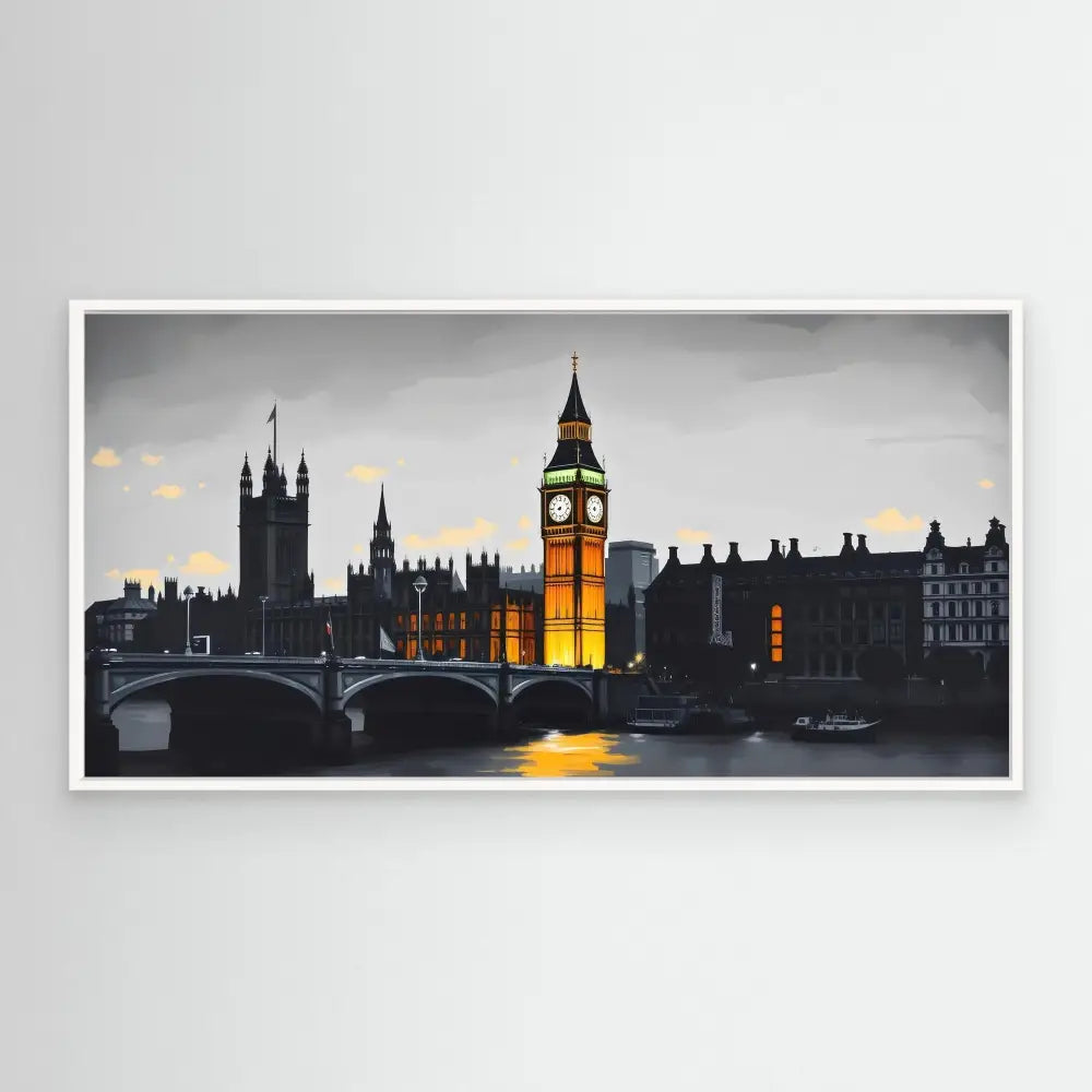 A black and white photograph of London’s Big Ben and Parliament with selective yellow illumination.